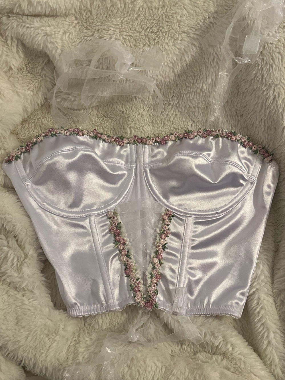 Sugar Thrillz by Dolls Kill Satin White Floral-Trim Bustier Corset Top - Women - Picture 2 of 5